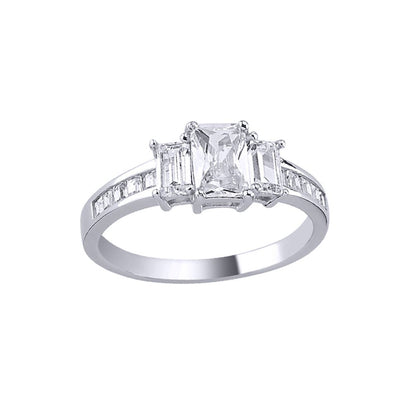 Silver  Baguette Emerald-cut CZ Channel Trilogy Engagement Ring - ARN138
