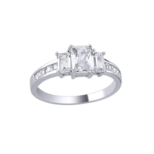 Silver  Baguette Emerald-cut CZ Channel Trilogy Engagement Ring - ARN138