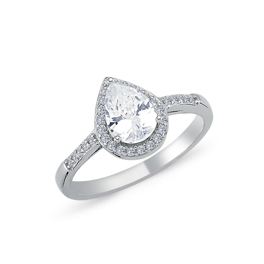 Silver  Pear CZ Shoulder-set Halo Solitaire Engagement Ring - ARN139