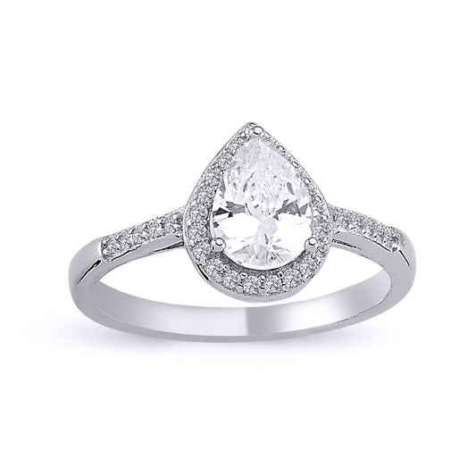 Silver  Pear CZ Shoulder-set Halo Solitaire Engagement Ring - ARN139