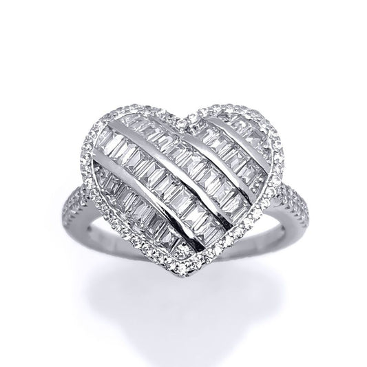 Silver Baguette CZ 5-Row Halo Love Heart Cluster Ring - ARN146