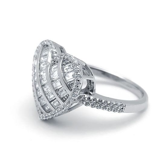 Silver  Baguette CZ 5-Row Halo Love Heart Cluster Ring - ARN146