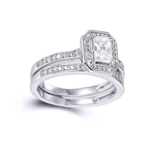 Silver  Emerald-cut CZ Octagon Halo Solitaire Bridal Set Rings - ARN148