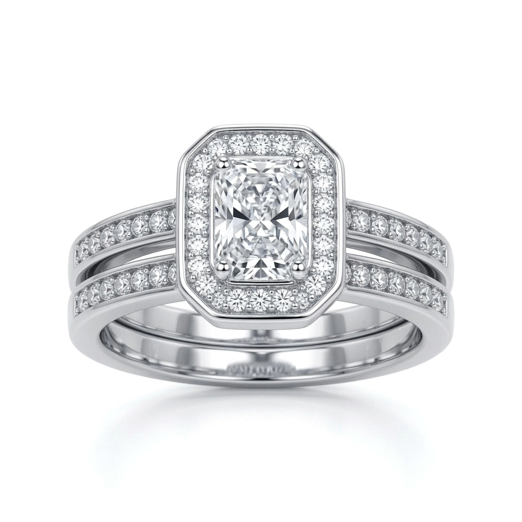 Silver  Emerald-cut CZ Octagon Solitaire Wedfit Bridal Rings Set - ARN148