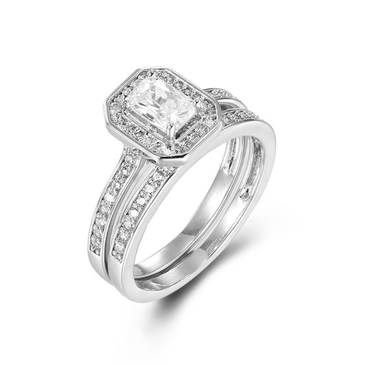 Silver  Emerald-cut CZ Octagon Halo Solitaire Bridal Set Rings - ARN148
