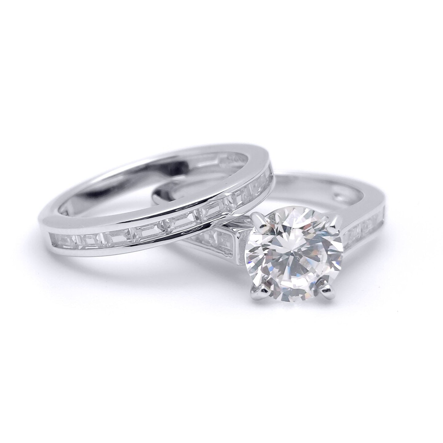 Silver  Baguette CZ Shoulder-set Solitaire Wedfit Bridal Rings Set - ARN149