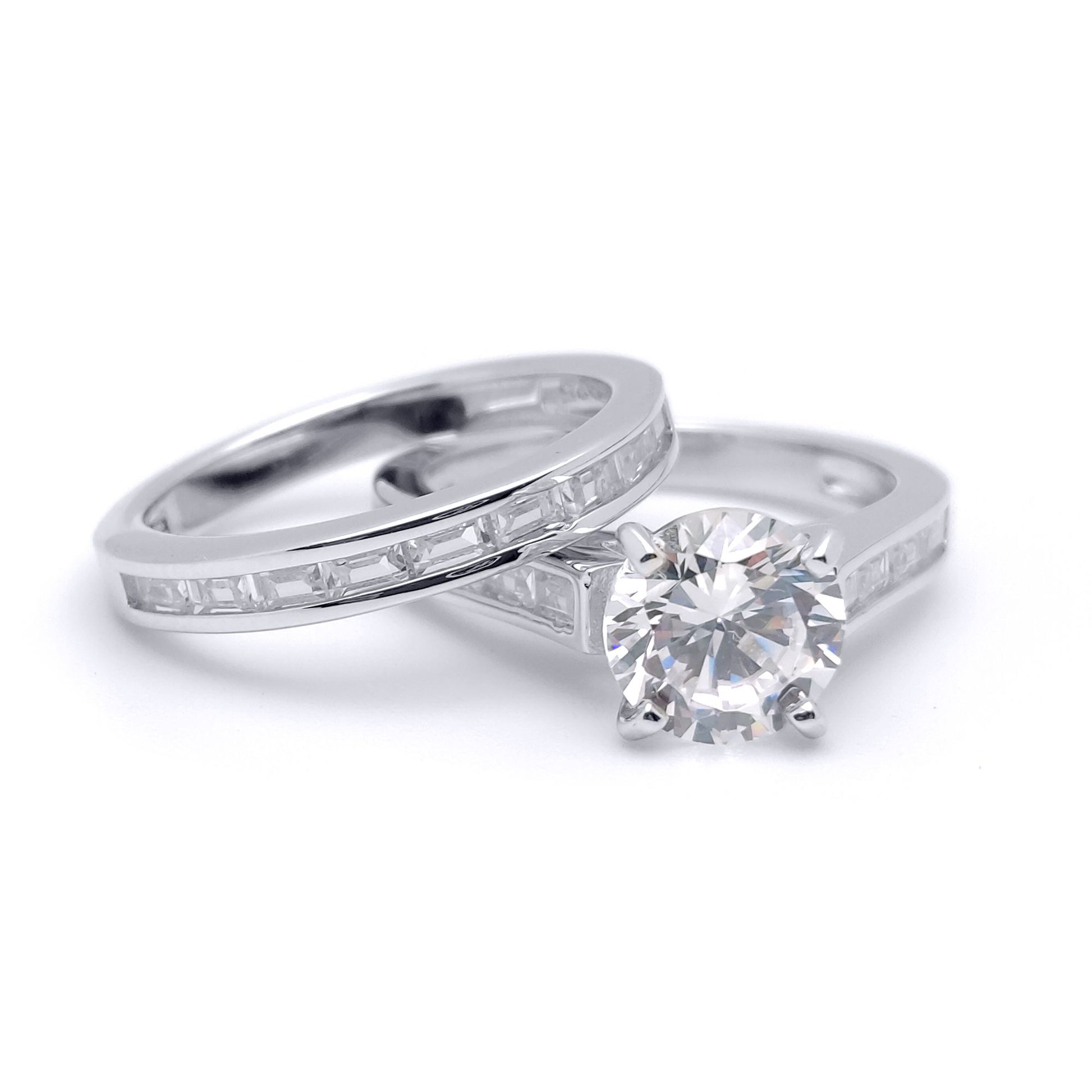 Silver  Baguette CZ Shoulder-set Solitaire Wedfit Bridal Rings Set - ARN149