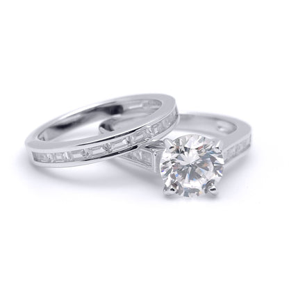 Silver  Baguette CZ Shoulder-set Solitaire Wedfit Bridal Rings Set - ARN149