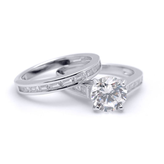 Silver  Baguette CZ Shoulder-set Solitaire Wedfit Bridal Rings Set - ARN149
