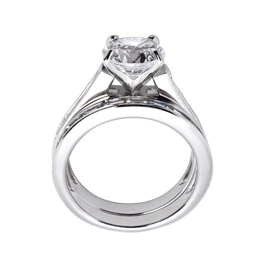 Silver  Baguette CZ Shoulder-set Solitaire Wedfit Bridal Rings Set - ARN149