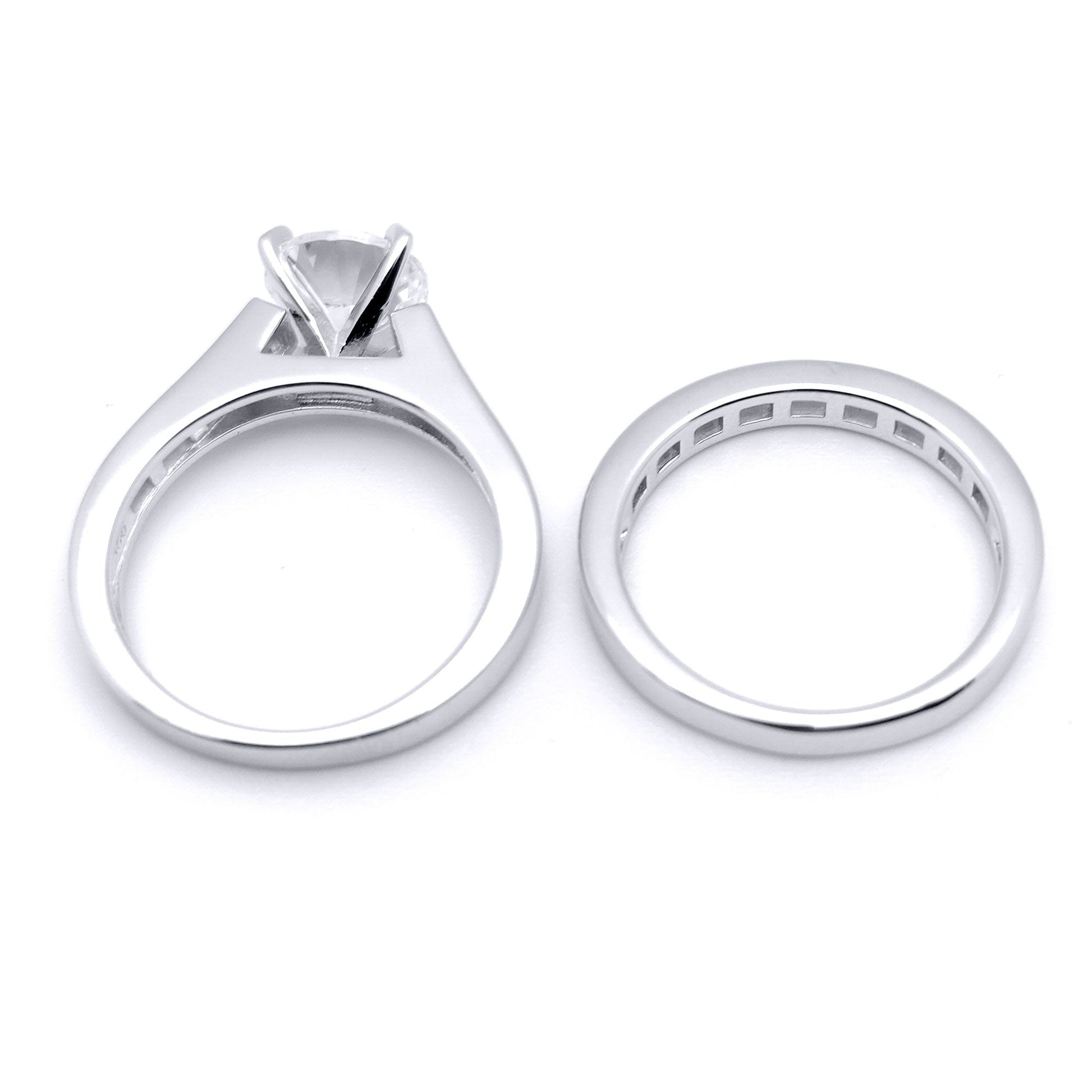 Silver  Baguette CZ Shoulder-set Solitaire Wedfit Bridal Rings Set - ARN149