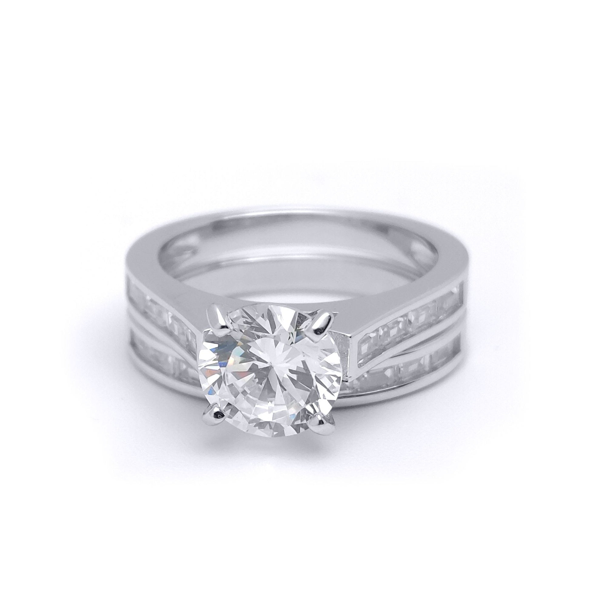 Silver  Baguette CZ Shoulder-set Solitaire Wedfit Bridal Rings Set - ARN149