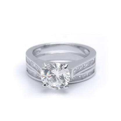 Silver  Baguette CZ Shoulder-set Solitaire Wedfit Bridal Rings Set - ARN149