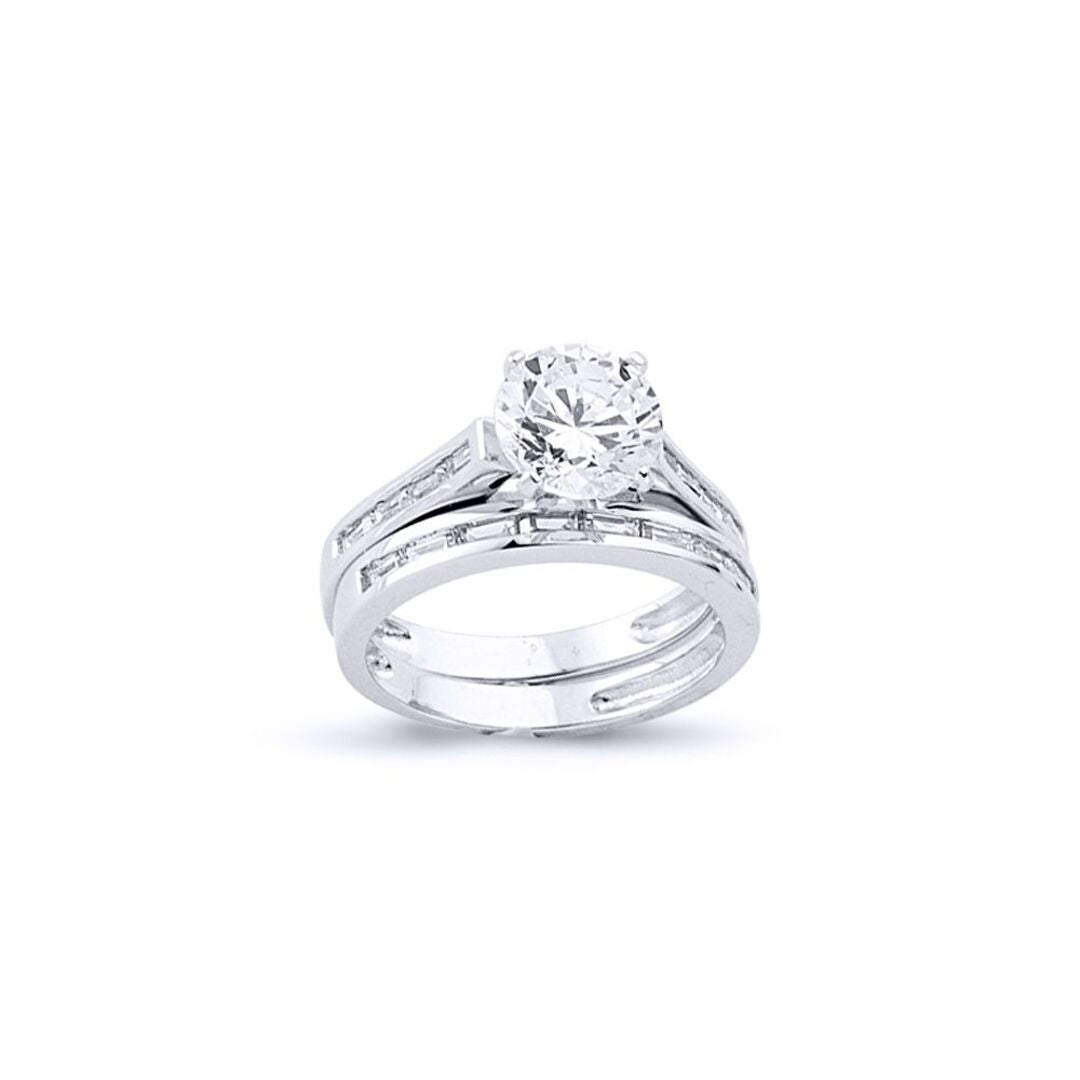 Silver  Baguette CZ Shoulder-set Solitaire Wedfit Bridal Rings Set - ARN149