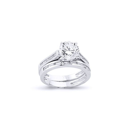 Silver  Baguette CZ Shoulder-set Solitaire Wedfit Bridal Rings Set - ARN149