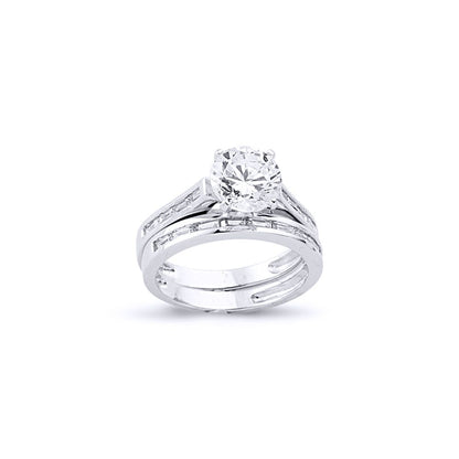 Silver  Baguette CZ Shoulder-set Solitaire Wedfit Bridal Rings Set - ARN149