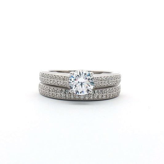 Silver CZ Shoulder-set Pave Solitaire Wedfit Bridal Rings Set - ARN150