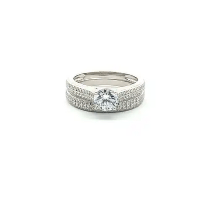 Silver  CZ Shoulder-set Pave Solitaire Wedfit Bridal Rings Set - ARN150