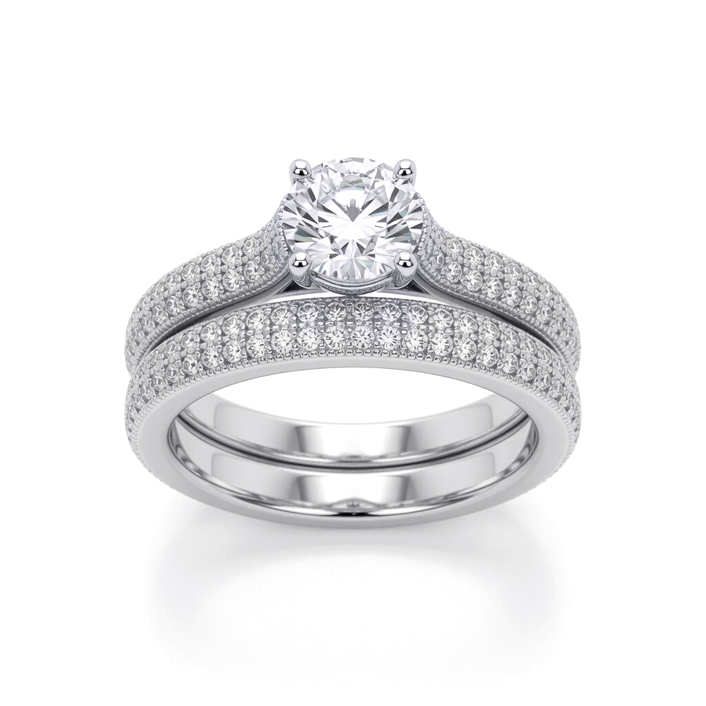 Silver  CZ Shoulder-set Pave Solitaire Wedfit Bridal Rings Set - ARN150