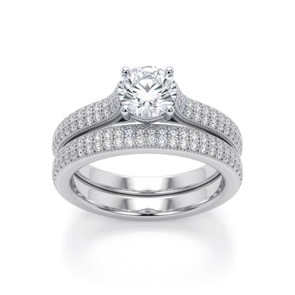 Silver  CZ Shoulder-set Pave Solitaire Wedfit Bridal Rings Set - ARN150