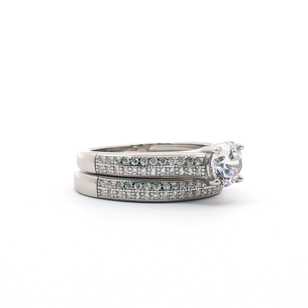 Silver  CZ Shoulder-set Pave Solitaire Wedfit Bridal Rings Set - ARN150