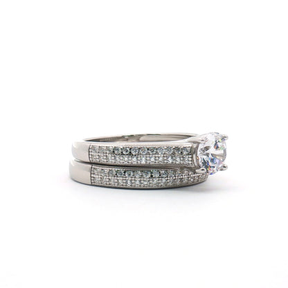 Silver  CZ Shoulder-set Pave Solitaire Wedfit Bridal Rings Set - ARN150