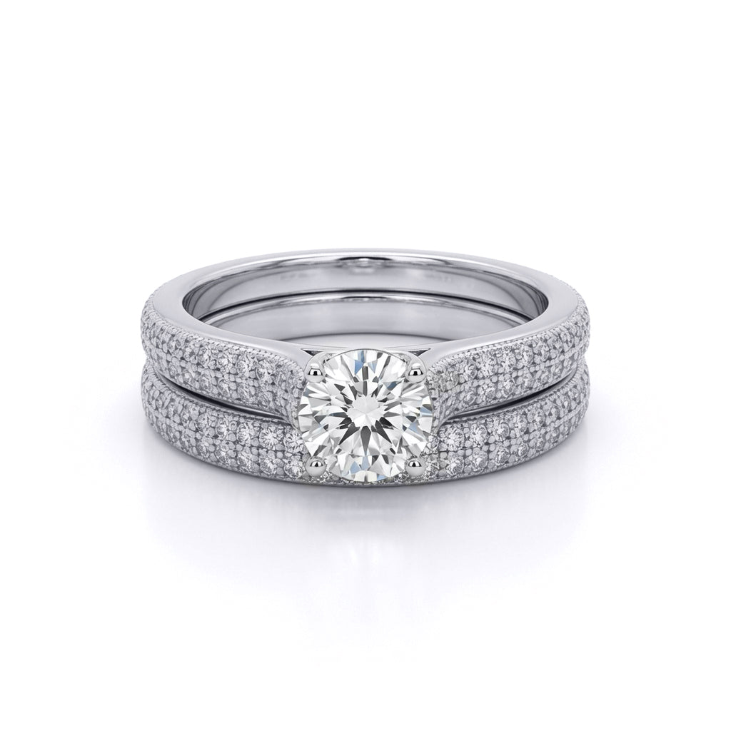 Silver  CZ Shoulder-set Pave Solitaire Wedfit Bridal Rings Set - ARN150