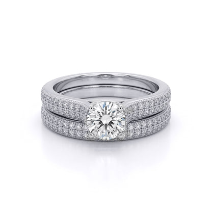 Silver  CZ Shoulder-set Pave Solitaire Wedfit Bridal Rings Set - ARN150
