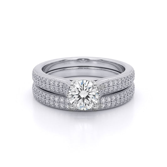 Silver  CZ Shoulder-set Pave Solitaire Wedfit Bridal Rings Set - ARN150