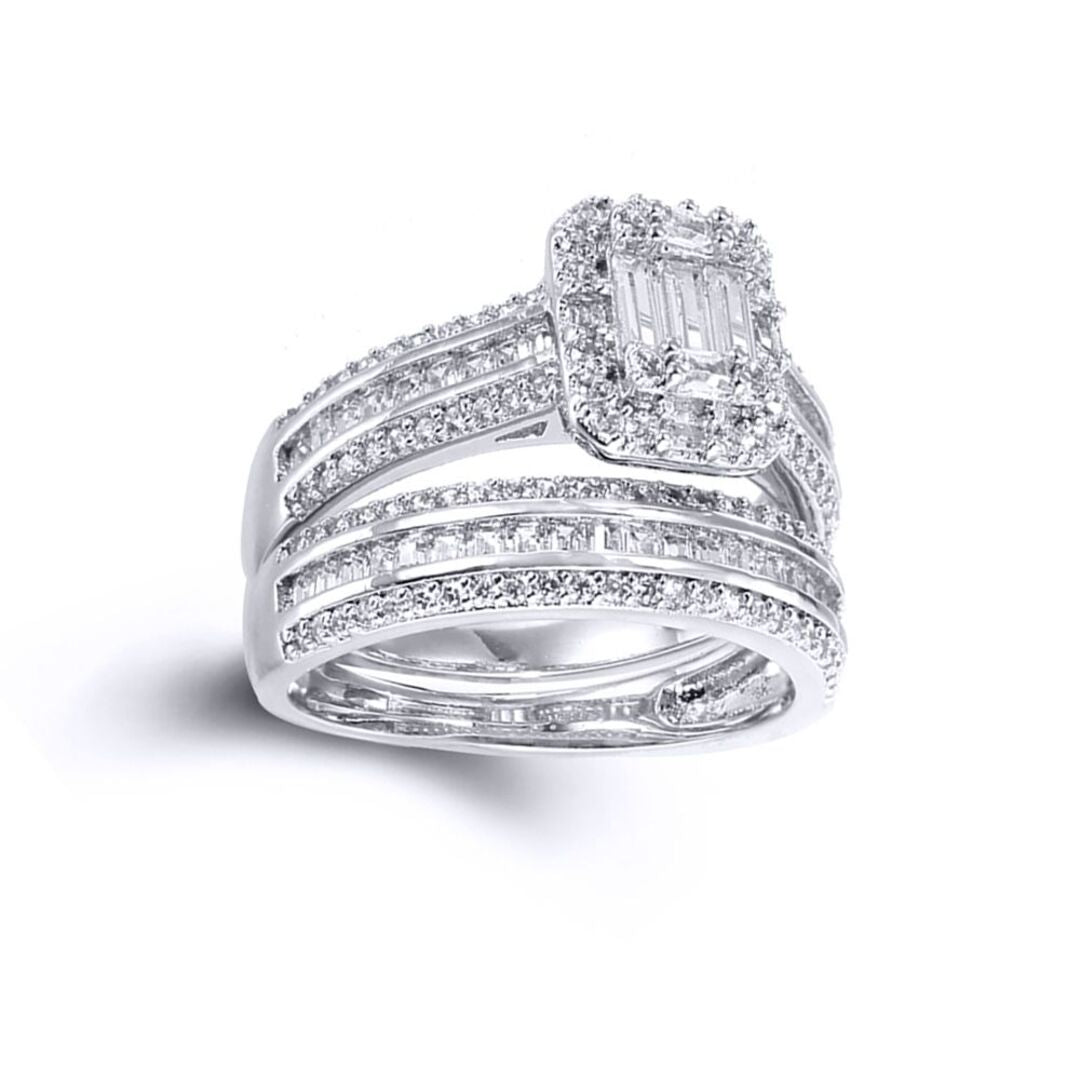 Silver  CZ Shoulder-set Solitaire-style Wedfit Bridal Rings Set - ARN151