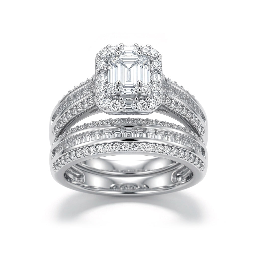 Silver  CZ Shoulder-set Solitaire-style Wedfit Bridal Rings Set - ARN151