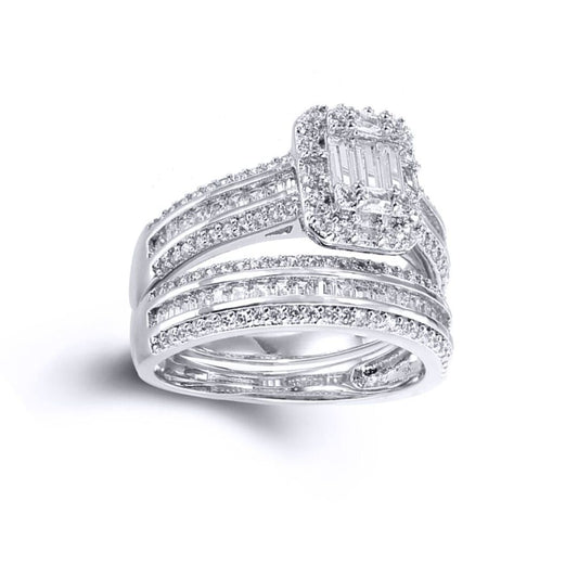 Silver  CZ Shoulder-set Solitaire-style Wedfit Bridal Rings Set - ARN151