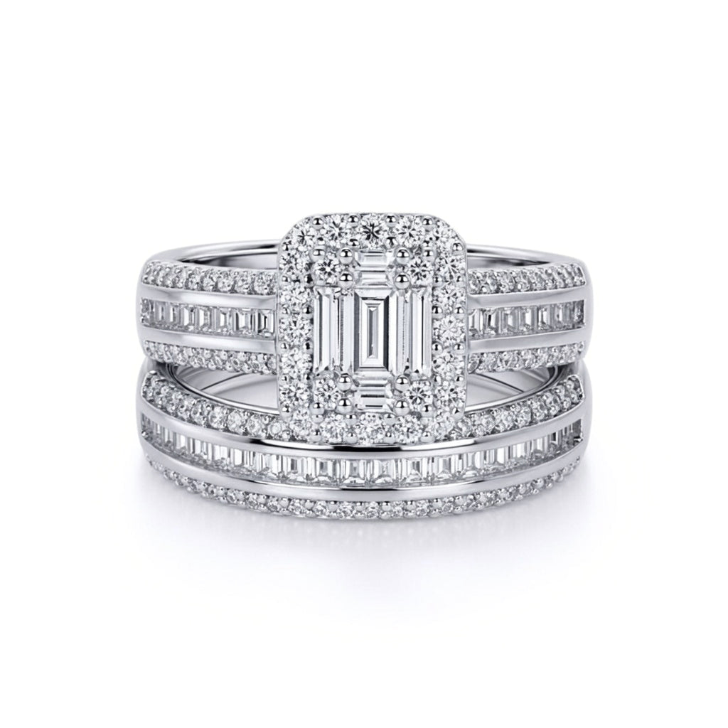 Silver  CZ Shoulder-set Solitaire-style Wedfit Bridal Rings Set - ARN151
