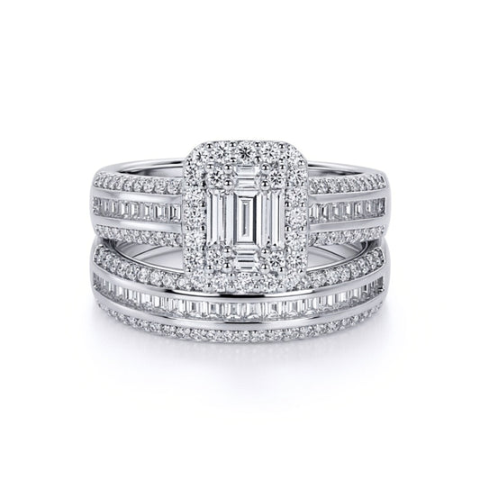 Silver  CZ Shoulder-set Solitaire-style Wedfit Bridal Rings Set - ARN151