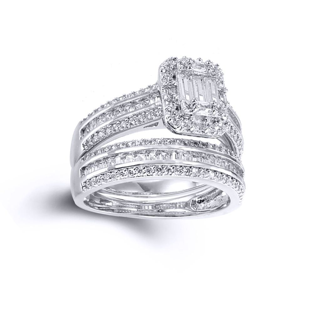 Silver  CZ Shoulder-set Solitaire-style Wedfit Bridal Rings Set - ARN151