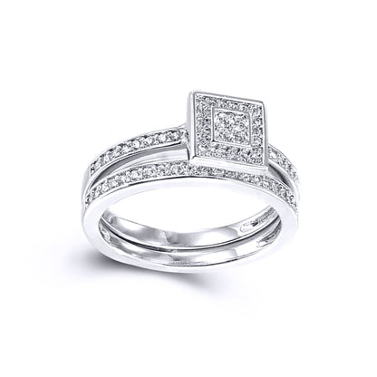 Silver  CZ Shoulder-set Square Solitaire-style Bridal Set Rings - ARN152