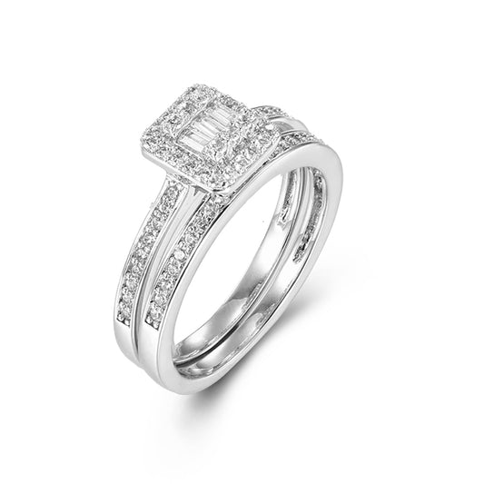 Silver  Baguette CZ Square Solitaire-style Bridal Set Rings - ARN153
