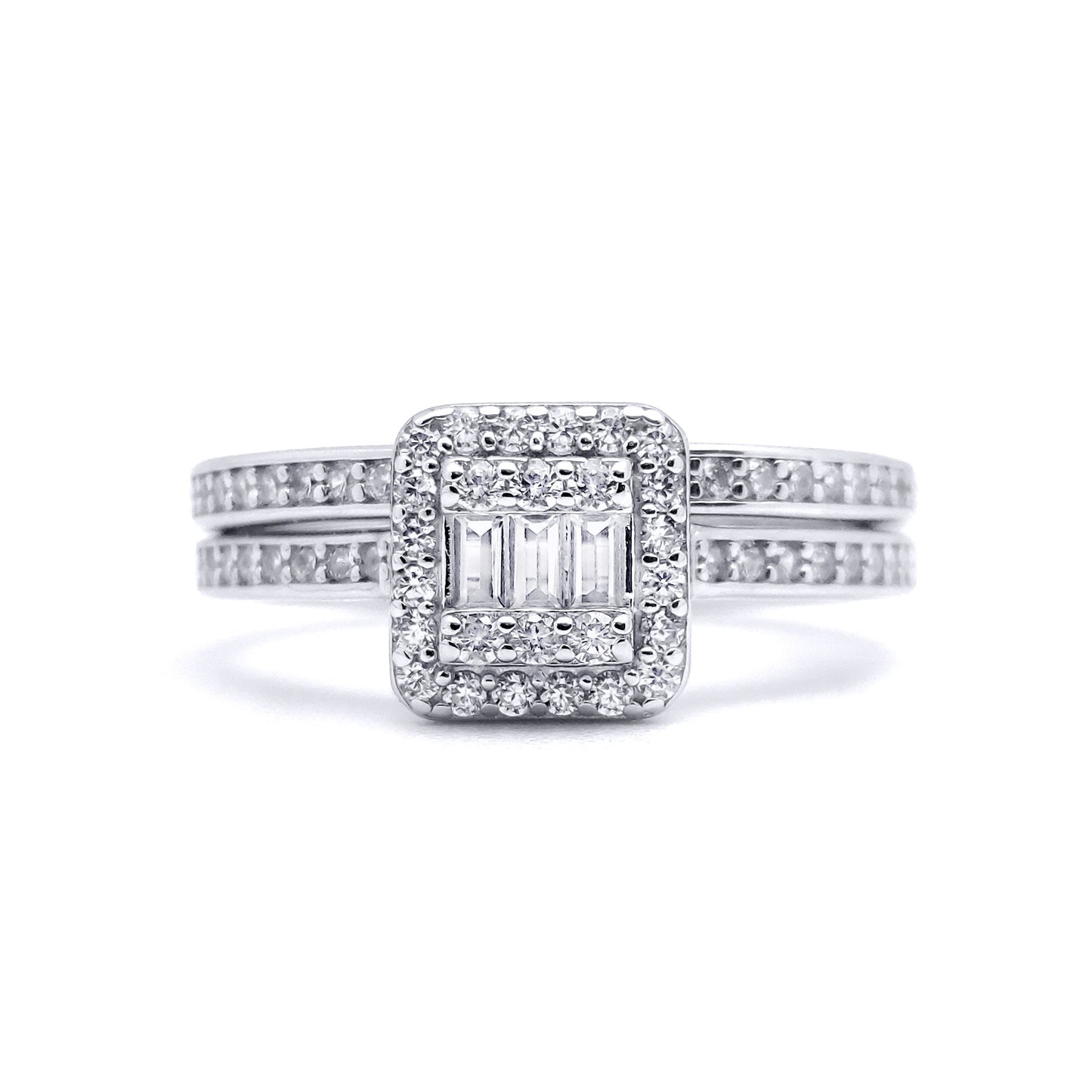 Silver  Baguette CZ Square Solitaire-style Wedfit Bridal Rings Set - ARN153