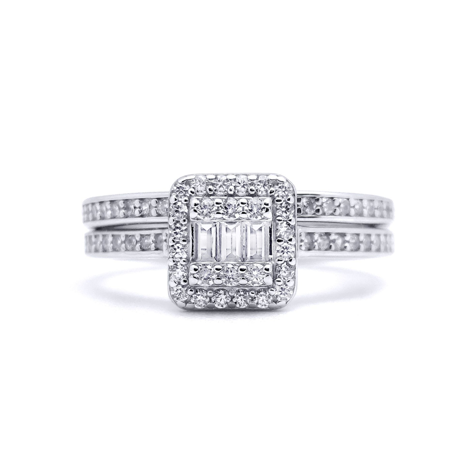 Silver  Baguette CZ Square Solitaire-style Wedfit Bridal Rings Set - ARN153