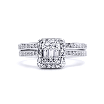 Silver  Baguette CZ Square Solitaire-style Wedfit Bridal Rings Set - ARN153