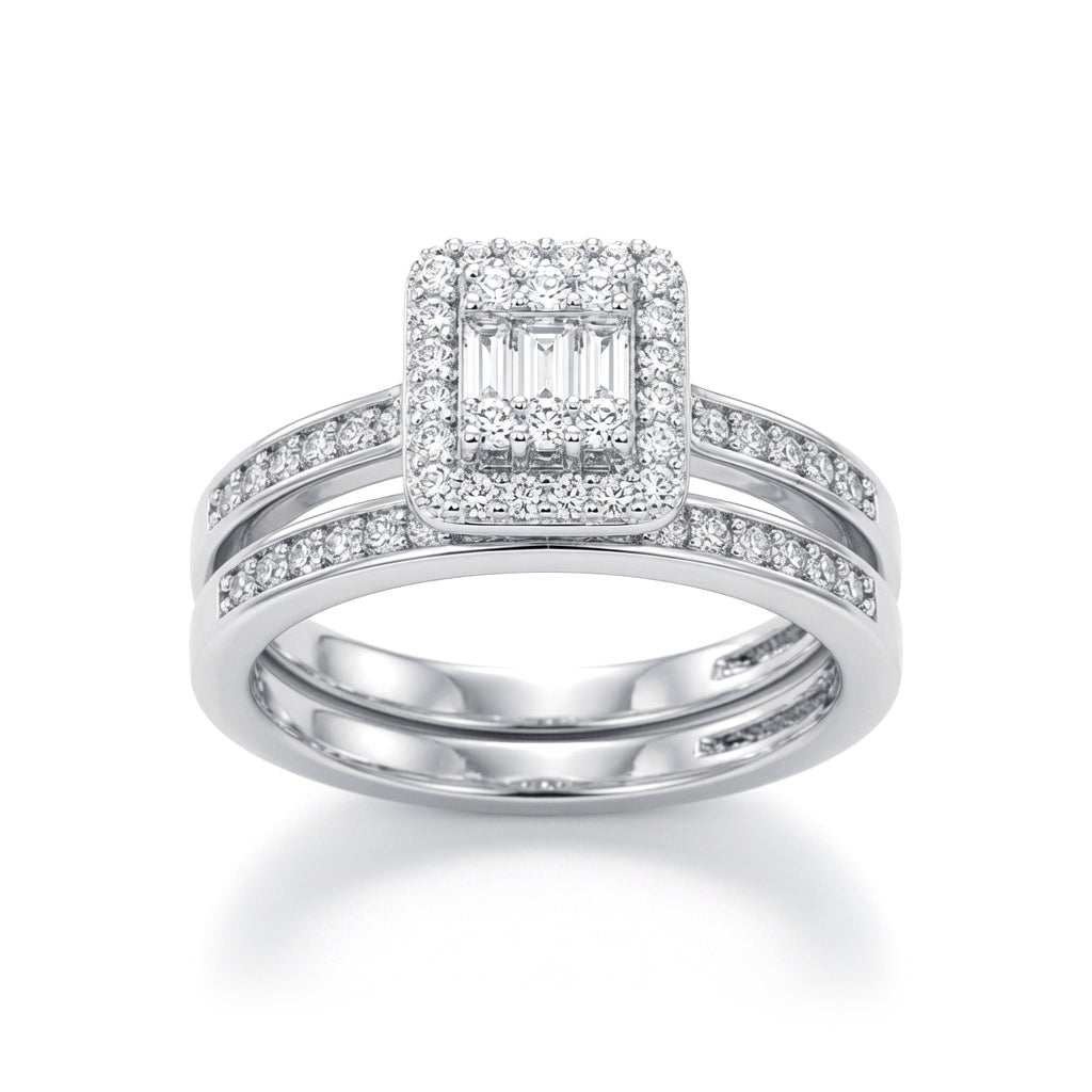 Silver  Baguette CZ Square Solitaire-style Wedfit Bridal Rings Set - ARN153