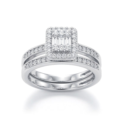 Silver  Baguette CZ Square Solitaire-style Wedfit Bridal Rings Set - ARN153
