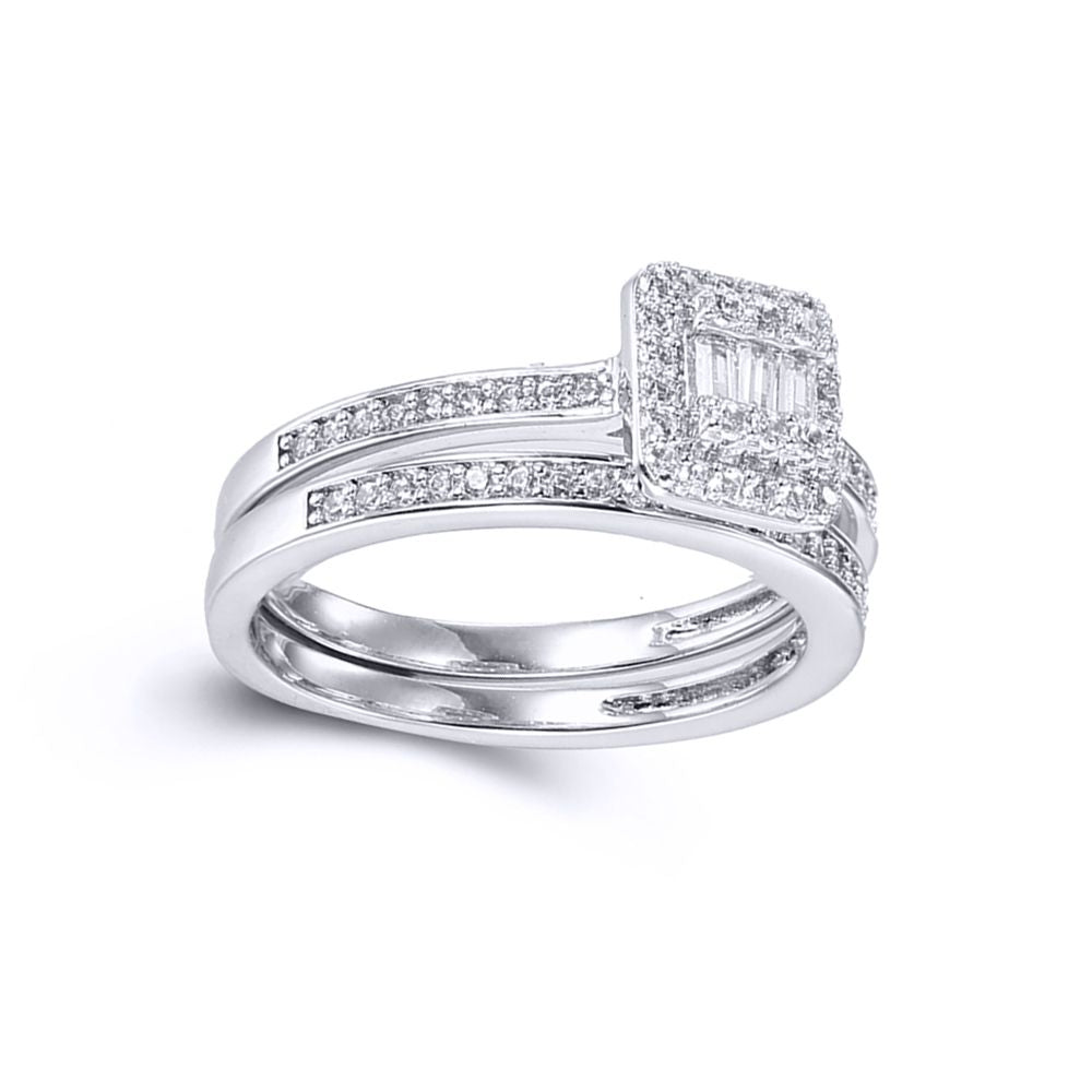 Silver  Baguette CZ Square Solitaire-style Wedfit Bridal Rings Set - ARN153