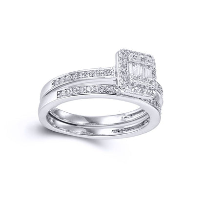 Silver  Baguette CZ Square Solitaire-style Wedfit Bridal Rings Set - ARN153