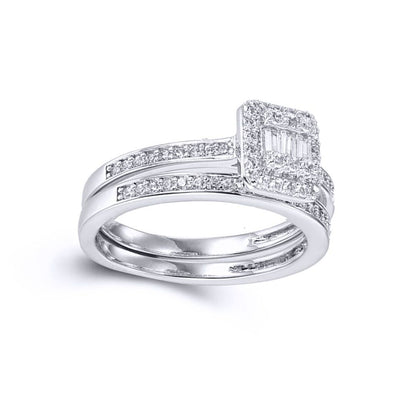 Silver  Baguette CZ Square Solitaire-style Wedfit Bridal Rings Set - ARN153