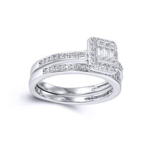 Silver  Baguette CZ Square Solitaire-style Wedfit Bridal Rings Set - ARN153