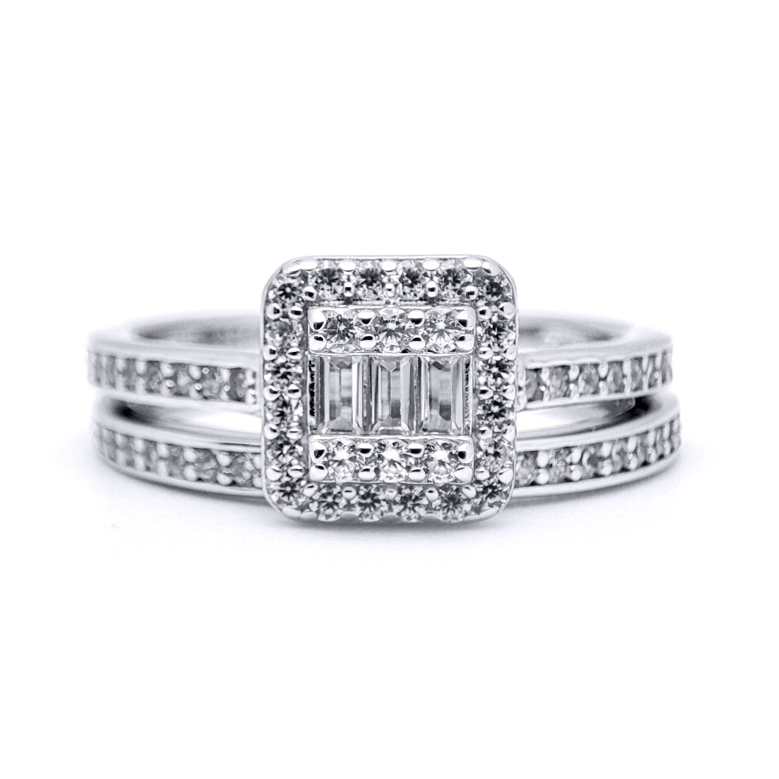 Silver  Baguette CZ Square Solitaire-style Wedfit Bridal Rings Set - ARN153