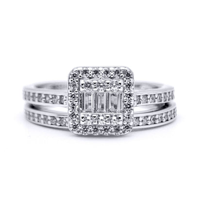 Silver  Baguette CZ Square Solitaire-style Wedfit Bridal Rings Set - ARN153