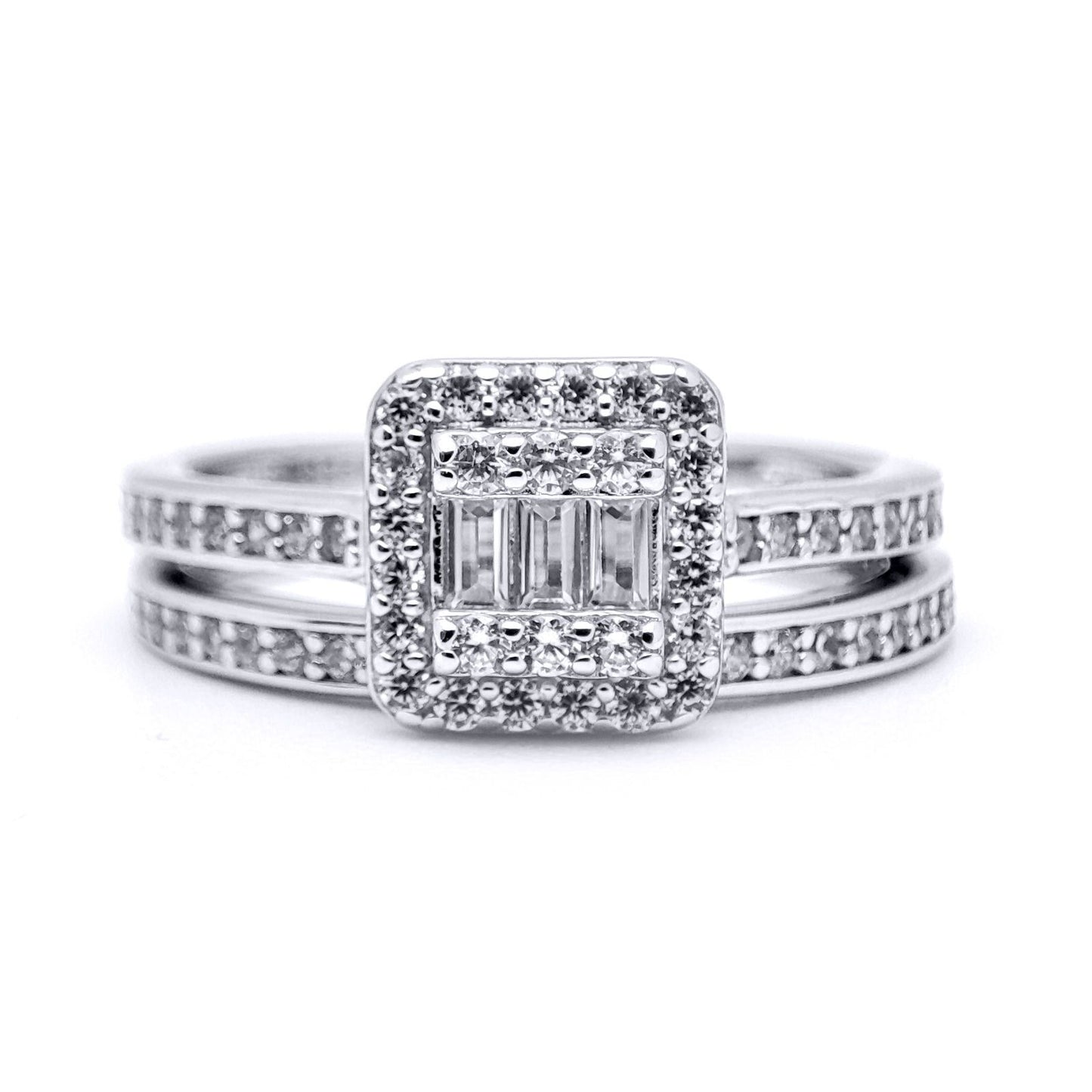 Silver  Baguette CZ Square Solitaire-style Wedfit Bridal Rings Set - ARN153