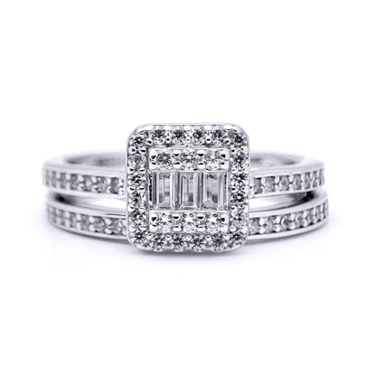 Silver  Baguette CZ Square Solitaire-style Wedfit Bridal Rings Set - ARN153